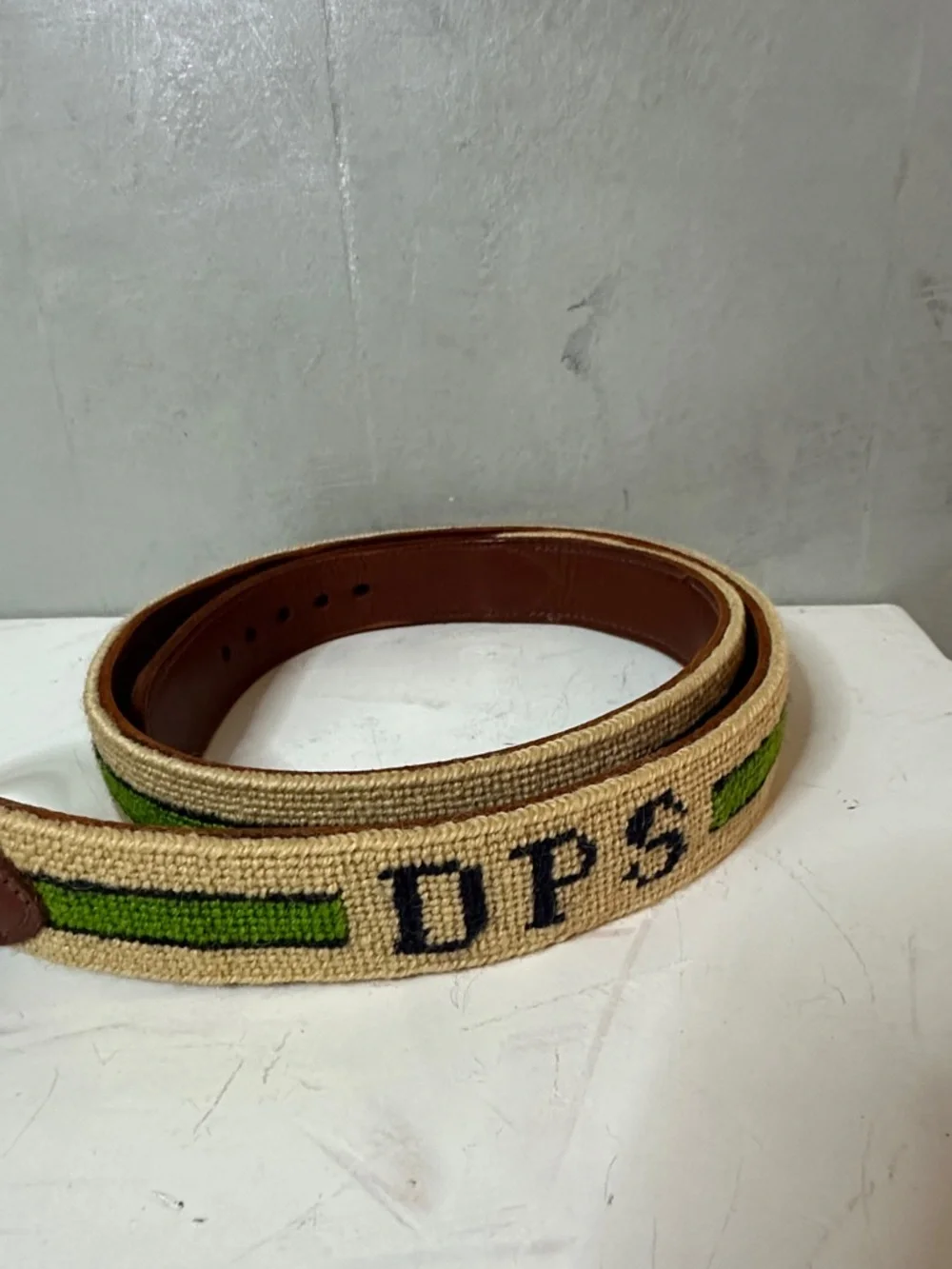 HANDMADE NEEDLEPOINT LEATHER BELT INTIALS DPS GREEN BLUE